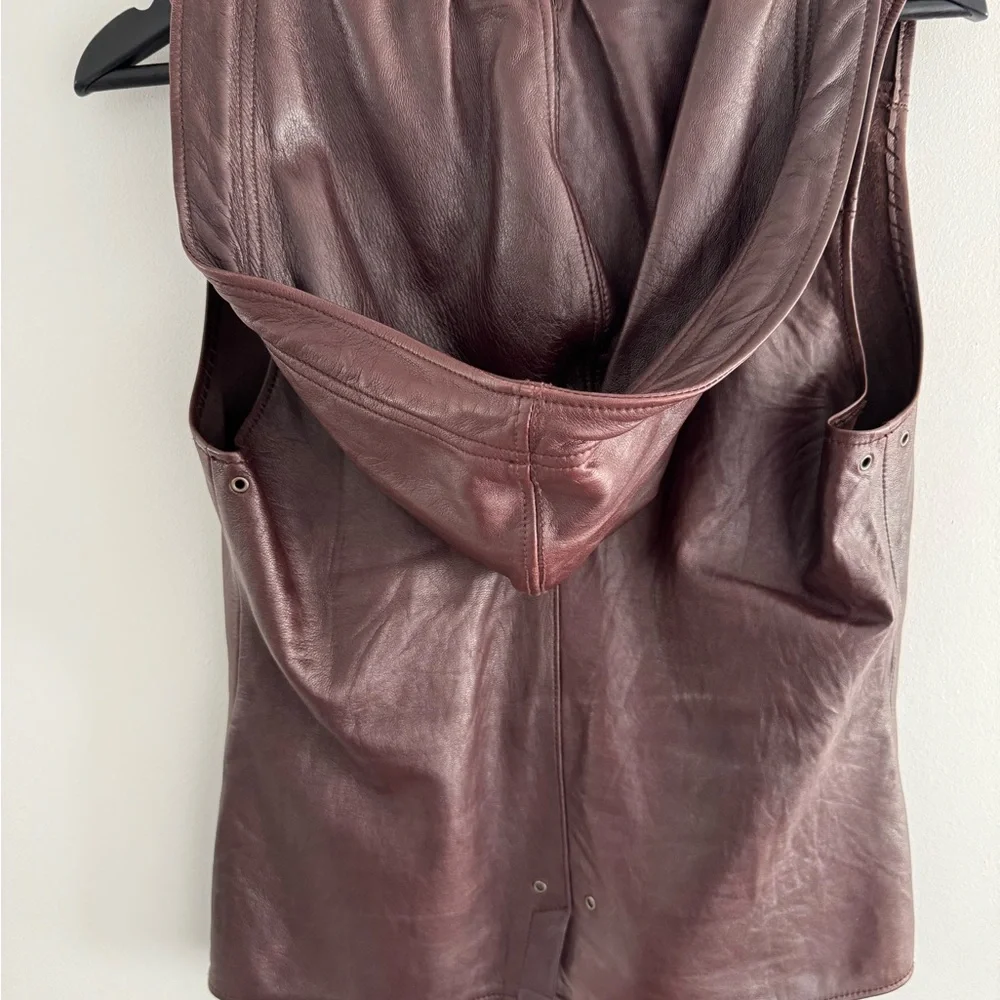 Women's Brown Leather Vest with Hood - Picture 4 of 8